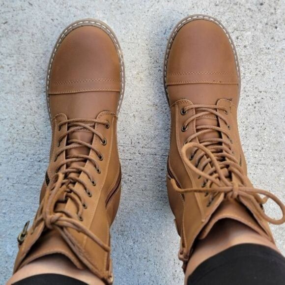 Women's Tan Lace up and Ankle Mid Calf Combat Boots - Picture 6 of 7